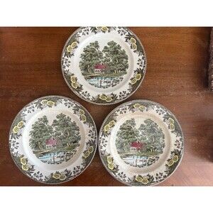 ROYAL CHINA 10" "FAIR OAKS" FARM, COW & LAKE SCENE 1957 DINNER PLATE set of 3